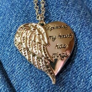 ANGEL WING "A Piece Of My Heart Has Wings" Pendant Silver 18" Chain with 2" Ext.